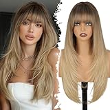 XIXIBI Blonde Wig with Bangs, 4x4 Realistic Scalp, Free Parting, Long Ombre Blonde Layered Wigs for Women, Realistic Natural Looking Heat Resistant Synthetic Wigs for Daily Party Cosplay Use 26Inch