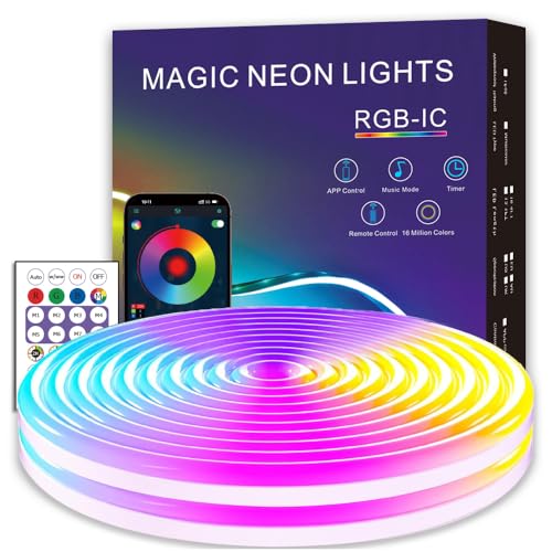 EcoMyLife LED Neon Rope Lights, RGB Plus IC Strip Lights, IP68 Waterproof Flexible Rope Light with APP and Remote Control, Dimmable Neon Strip for Gaming Room Living Room Bedroom Indoor Outdoor Decor