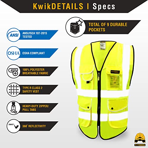 Kwiksafety (Charlotte, Nc Superior Safety Vest (9 Pockets) Class 2 Ansi High Visibility Reflective Heavy Duty Mesh Zipper Hi Vis Construction Surveying Engineering Work Hiviz Men | Yellow Large #TOP4