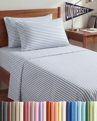 Image of Twin XL 4 Piece Sheet Set - College Dorm Room Essentials - Blue Stripes | Ultra Soft Dorm Bedding Set, 8 inch to 16 inch Inch Deep Pockets, 1 Flat & 1 Fitted Sheet & 2 Pillowcases, Wrinkle & Fade Free