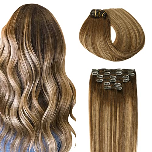 SURNEL Hair Extensions Clip in Real Human Hair Dark Brown Balayage Caramel Blonde Highlights Brown Human Hair Extensions Full Head 6pcs 14inch 100g (C#/4/27/4,14'')