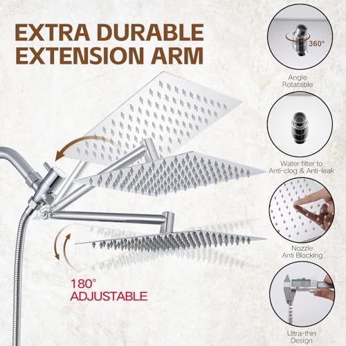 Image of Shower Head,10 inchRain Shower Head with Handheld Spray Combo and Adjustable Extension Arm /3-Way Flow Regulator /Shower System,High Pressure Rain Fall Hose,Chrome