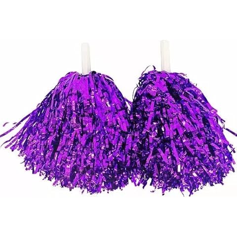 SKYTE 2Pcs Cheerleading Pom Poms Fluffy PomPoms Cheer Metallic Strips With Plastic Handle, Cheerleader Pompoms for Sports Matches, Stage Performance (Purple),S Cover