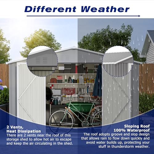Image of YOPTO 8x12 FT Outdoor Storage Shed W /Floor Frame,Metal Shed W /Double Lockable Doors,Garden Tool House W / 2 Vents & Sloped Roof,for Backyard Patio Lawn,Gray