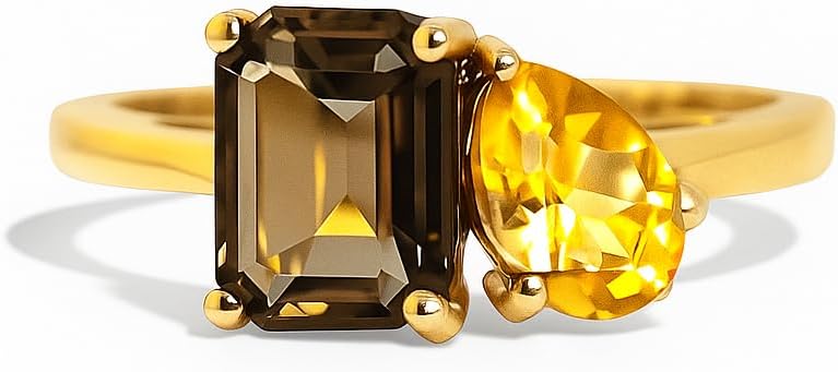 Two Stone Smoky Quartz & Yellow Citrine Ring for Women – Pear & Emerald Cut Gemstone Duo Ring in Gold Plated Band, Unique Statement Jewelry Gift for Birthday, Christmas & Special Occasions