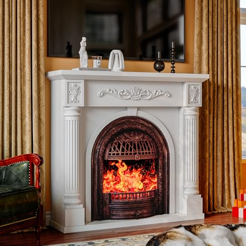 Image of 45 Inch Electric Fireplace with Mantel, Solid Wood Fireplace TV Stand, Roman Column Fireplace Entertainment Center, Electric Fireplace Heater with Bronze Birdcage Insert for Living Room, White