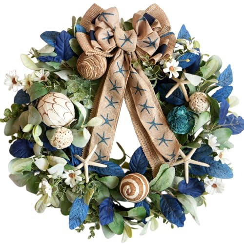 vivimemo Coastal Wreath for Front Door 22 Inch Wreath with Starfish Shells & Burlap Bow Blue Green Sea Themed Wreaths for Home Decor Front Porch Wall Summer Beach House Decoration