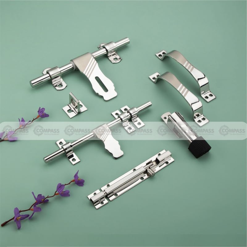 Image of COMPASS Flower Stainless Steel Heavy Single Door Fitting Accessories Full Set /Kit (1 Aldrop, 1 Latch, 2 Handles, 1 Tower Bolt and 1 Door Stopper | 10 inch | SS Finish