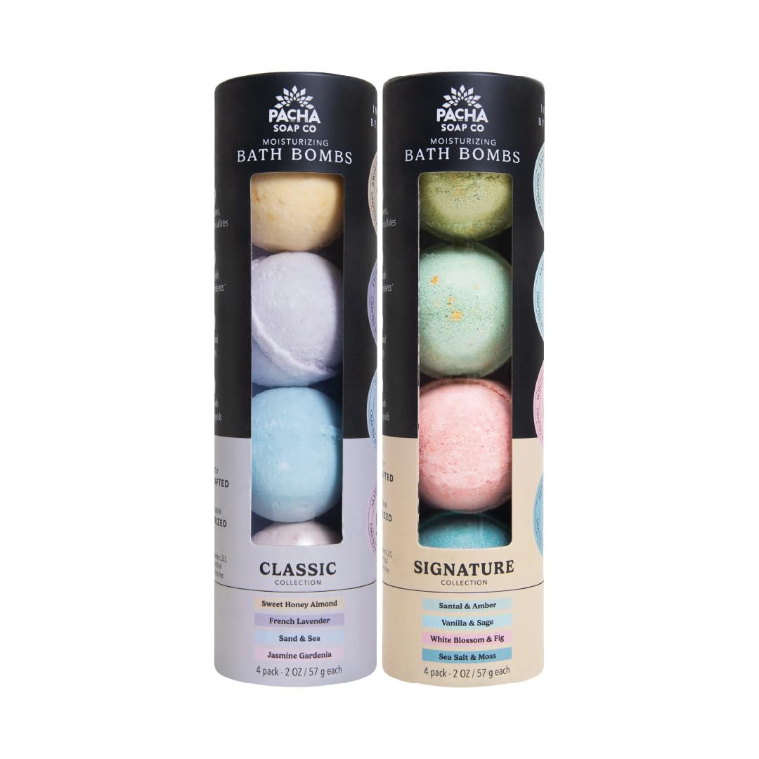 Pacha Soap Co. Bath Bombs - Moisturizing and Relaxing Aromatherapy Bath Bomb Set with Jasmine, Lavender, Sage, Peppermint, Dye Free Fizzy Bath Bombs