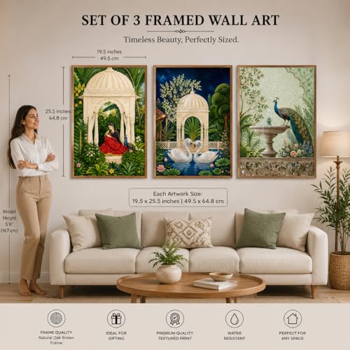 Image of Livin'luxe Set of 3 Royal Garden Wall Paintings for Living Room Dining Bedroom Home Decor with Premium Wooden Color Synthetic Frame (25.5 x 19.5 Inch) NM03-74