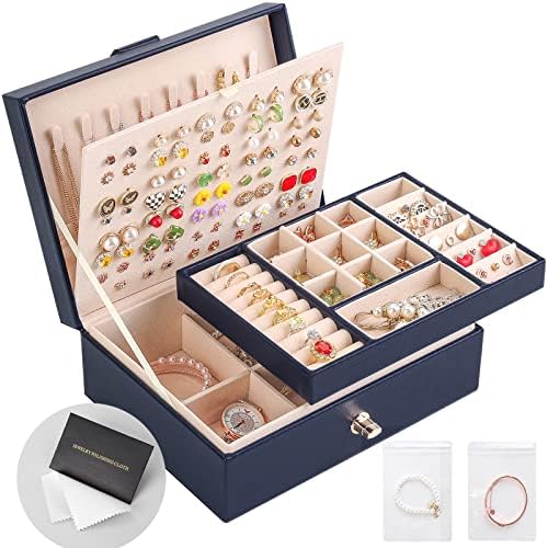 Jewelry Box for Women Girls Earring Holder Organizer with PU Leather, Large Stud Earring Box Removable Earring Jewelry Box Storage Case Come with Polishing Cloth and Jewelry Bags