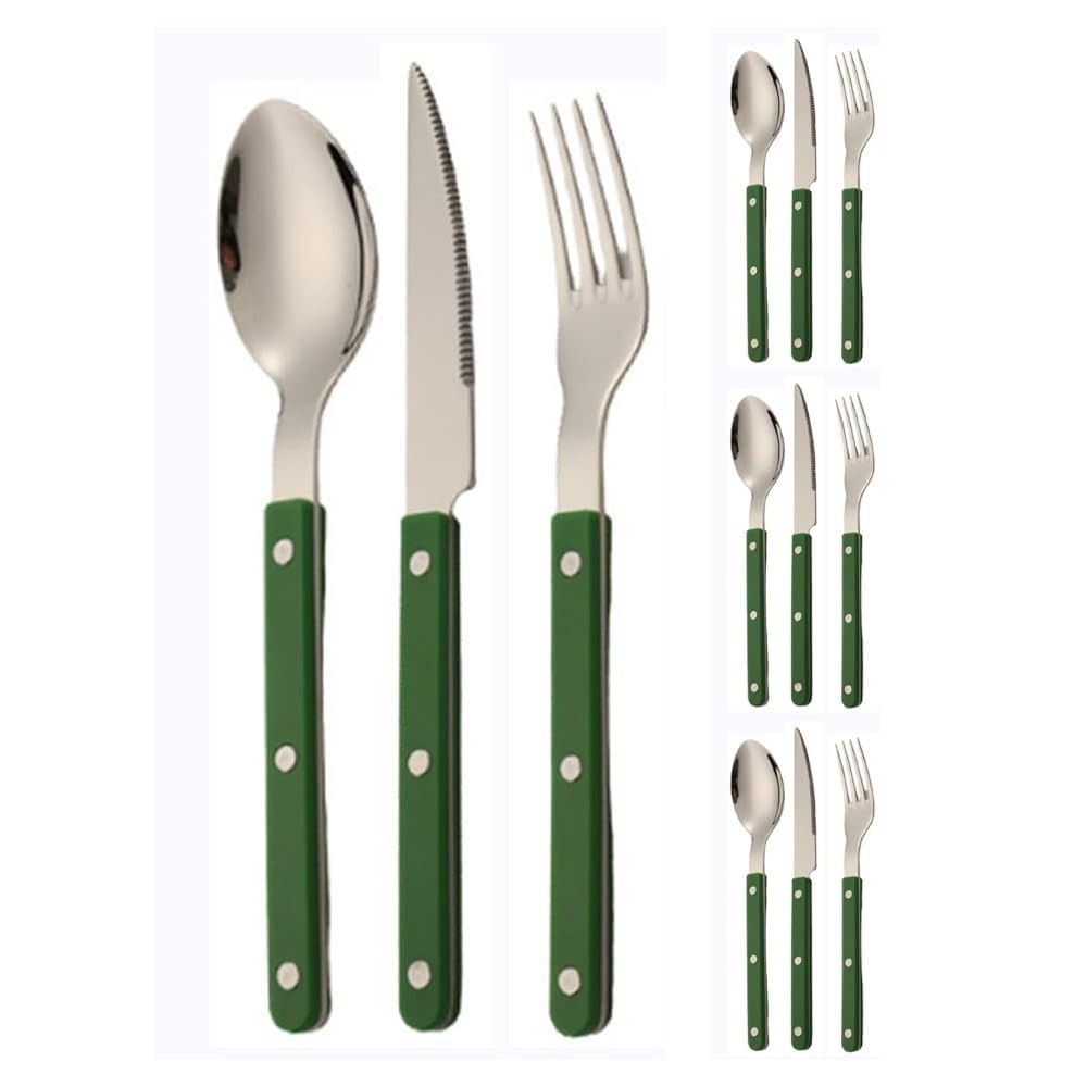 Manico Con Rivetto in ABS Manico Con Motivo in Marmo Cucina Acciaio Inossidabile Posate Stoviglie Posate Coltelli Forchette Cucchiai Set, Coltello Da Burro Cucchiaio (Verde,12 pezzi)