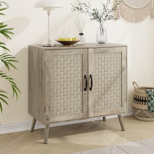 Smart FENDEE Farmhouse Sideboard Cabinet, Buffet Storage Cabinet with Handmade PVC Rattan Decor Doors & Adjustable Shelf, Wood Accent Table Coffee Station for Kitchen, Living Room, Entryway, Grey Oak