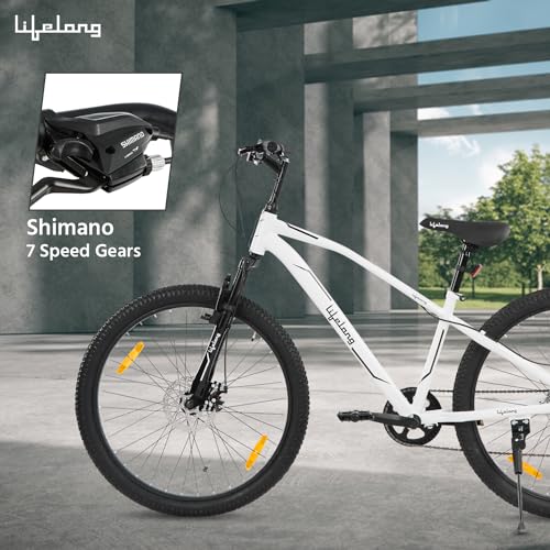 Image of Lifelong Gear Cycle for Men & Women MTB 26T with Dual Disc Brake - MultiSpeed 7-Gear Bicycle - Front Suspension Fork - Mountain Bike Ideal for 15 Years + Adults Upto Height 5 ft 5 inches (White)