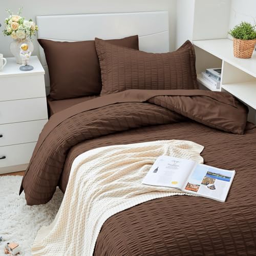 Image of HYMOKEGE Dark Brown Twin XL Comforter Set Seersucker 5 Pieces, All Season Luxury Bed in a Bag for Bedroom, Bedding Set with Comforter, Sheets, Pillowcase & Sham