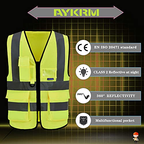 Image of High Visibility Reflective Vest with 7 Pockets, Zipper, Yellow, S | Yellow S work vest with 7 pockets, clear ID pocket and radio mic loop for construction and utility work; unisex workwear.