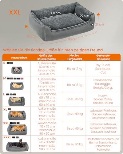 Feandrea Hundebett, Hundekissen in Leinenoptik, Hundekorb, erhöhte Ränder, rutschfeste Unterseite, Bezug abnehmbar waschbar, XL, für große Hunde, 110 x 75 x 27 cm, hellgrau PGW12GG