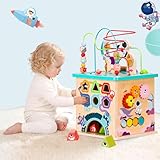 Udeas Pre-Assembled 9 in 1 Wooden Activity Cube. Educational Learning Toy for Kids with Bead Maze, Shape Sorter and Music Gears and More. for Toddlers 18 Month+. Birthday Gifts for Boys and Girls