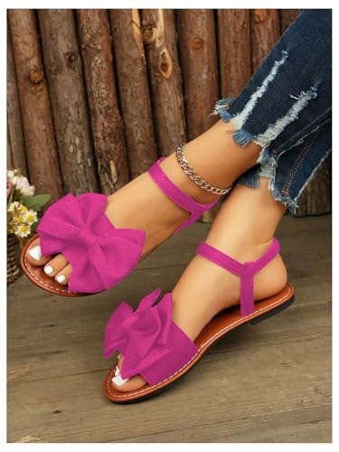 Image of GORGLITTER Women's Bow Flat Sandals 2026 Dressy Cute Ankle Strap Slides | Summer Shoes for Women 2026, Slip On Open Toe Flats, Slingback Slides, Vacation Dress Sandals