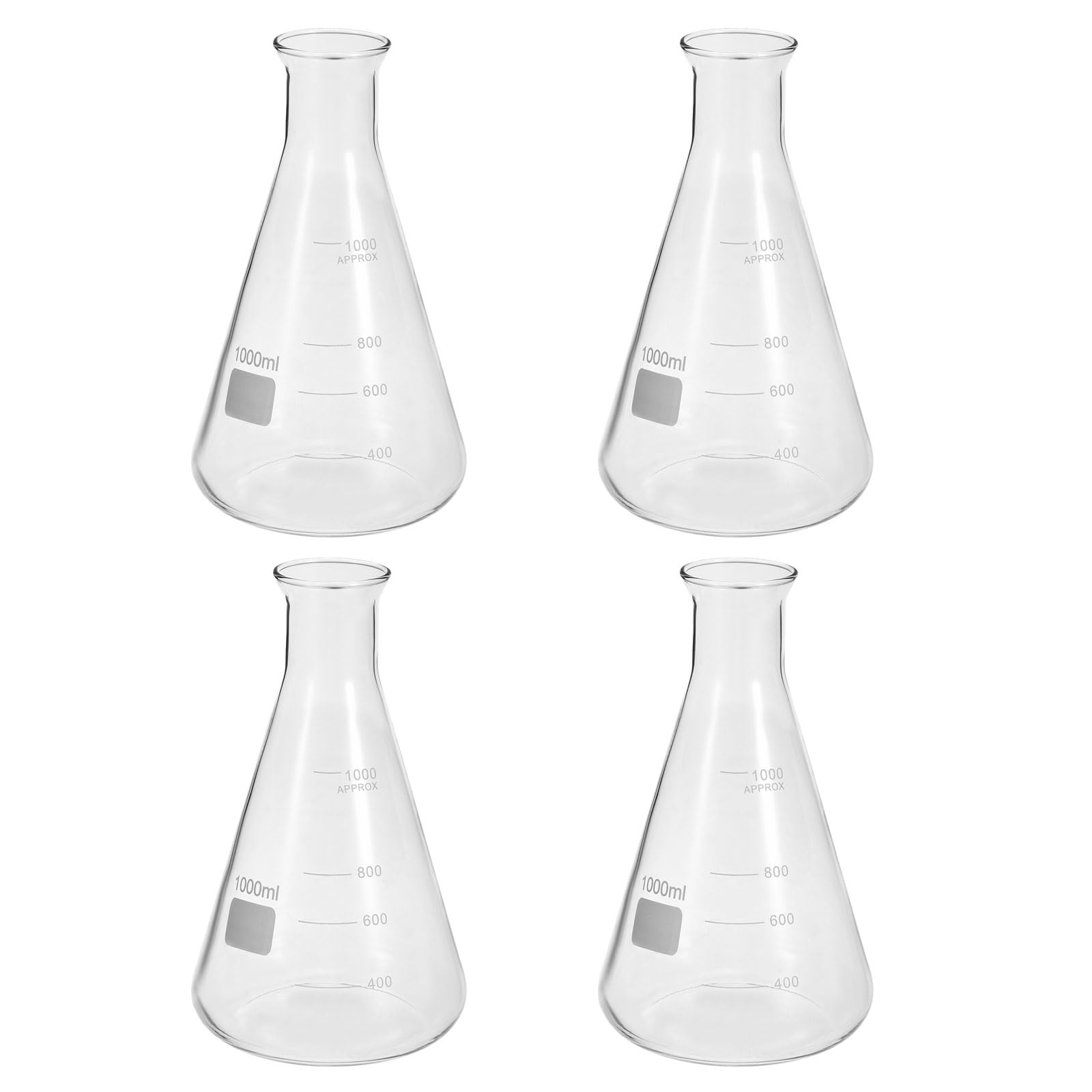 PATIKIL Matraz Erlenmeyer, 4 Piezas 1000ml 33oz Boca Estrecha Matraces Graduados De Vidrio Borosilicato Con Escala Impresa Para Laboratorio Experimentos Estudio Científico