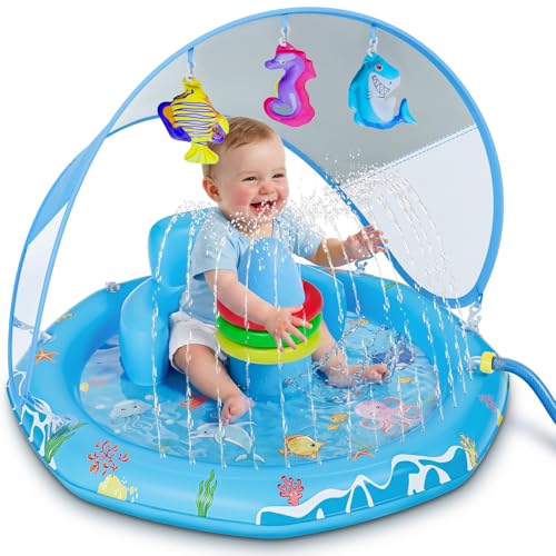 Verdenu Baby Splash Pad, Baby Pool Float with Canopy, Splash Pad with Backrest & Stackable Rings for Toddlers, Summer Outdoor Water Play Toys for Boys Girls