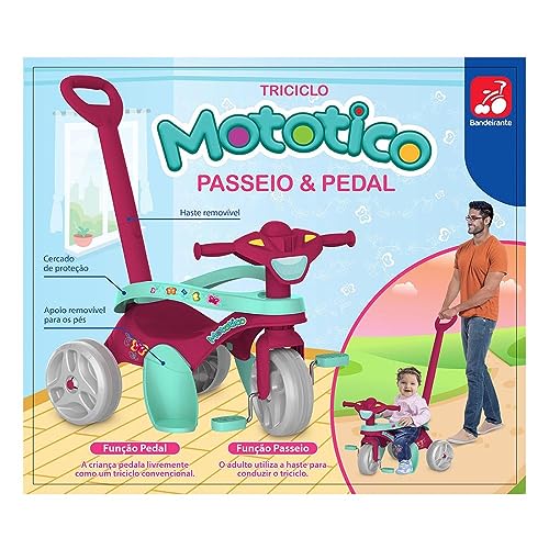 Bandeirante Mototico Passeio & Pedal Triciclo, Rosa/Verde, 76 x 50.5 x 91 cm