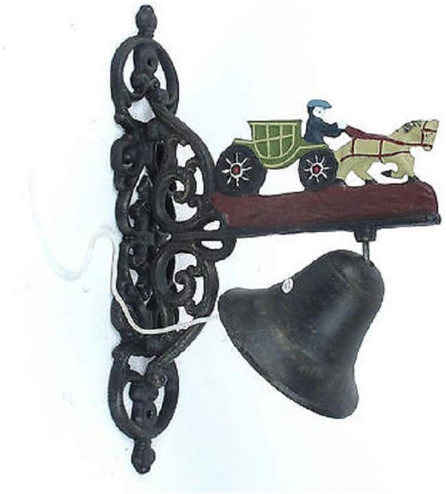 R & W Cast Iron (13" H x 3" W) Dinner Bell w/Back Plate - Horse & Green Buggy