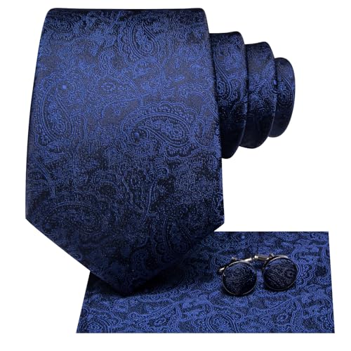 Image of Hi-Tie Silk Ties for Men Plaid Paisley Striped Necktie Pocket Square Cufflinks Set Formal Business