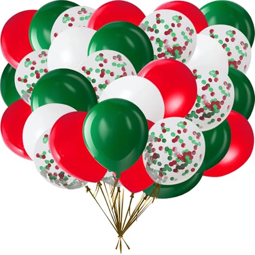 Image of Red White Green 12inch Balloons with Confetti Balloons for Wedding, Birthday, Baby Shower, Christmas, Family Parties Decoration(55Pcs)