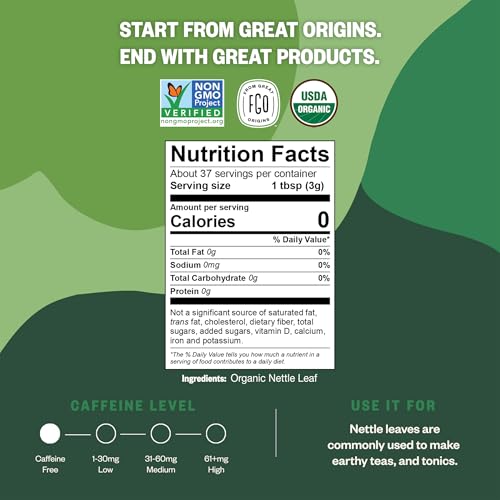 Image of FGO Organic Nettle Leaf Loose Tea, Cut and Sifted, Caffeine Free, 4oz Resealable Bag, Packaging May Vary (Pack of 1)