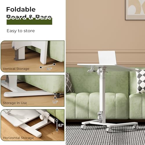 Image of Gibbon Mounts Foldable Standing Desk,Small Mobile Sit-Stand Desk with 90 Tiltable Top,Rolling Rising Laptop Workstation Adjustable Height,Portable Table on Hidden Wheels /4 Lockable Casters,White