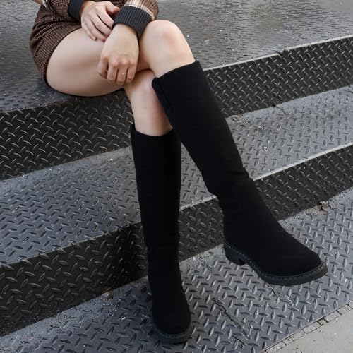 KaroNairy Women Knee High Boots Faux Leather Long Boots Low Chunky Heel Square Toe Side Zipper Fall Tall Boots3