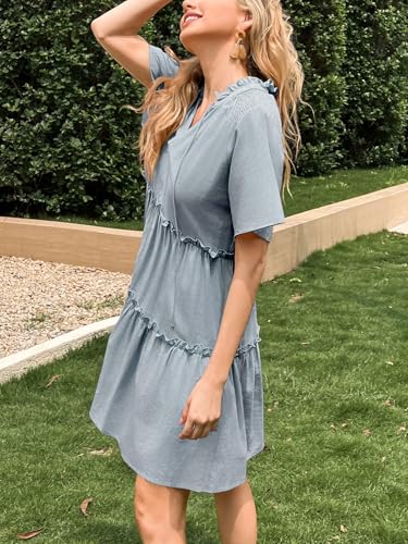 Image of Dellytop Womens Drawstring V Neck Dress Ruffle Tiered Short Sleeve Babydoll Tunic Swing Sundresses