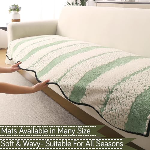 Image of HOKIPO Luxury Wavy Anti Slip Plush Sofa Cover Mat | Make Your Own Sofa Cover Set, Mat Length 90(D) x 150(L) cm, Pistachio Green (AR-5983-GRN)