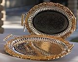 Home N Kitchenware Collection (2 Piece Set) Decorative Food/Coffee Serving Tray, Charger Plate, Mediterranean Design, Centerpieces/Home Décor Accents, Many Designs (Silver/Gold Oval Design 1)