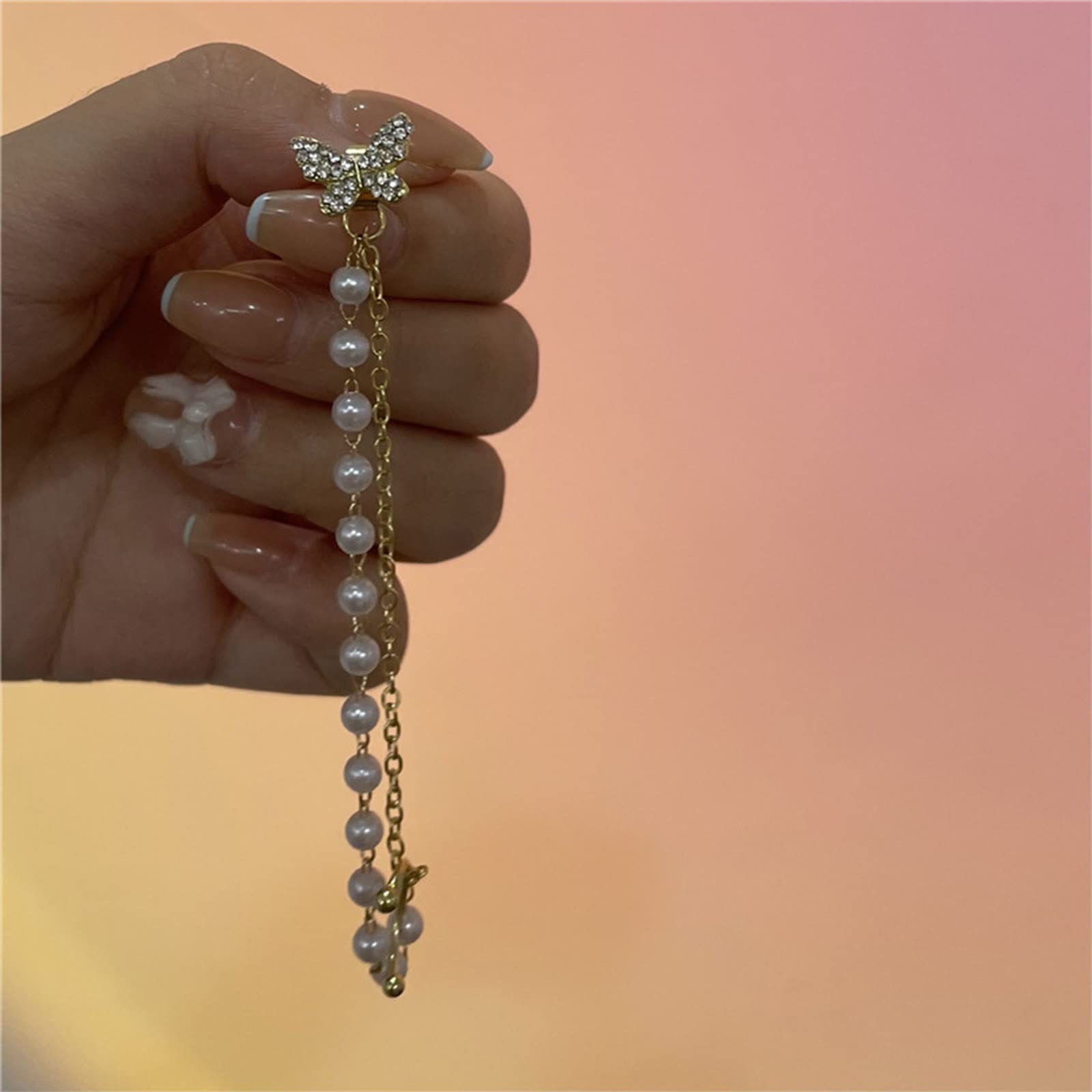 Orecchino Singolo A Farfalla Con Perla E Zircone, Design A Polsino Arrampicatore, Gioiello Unico Per Donna - 4