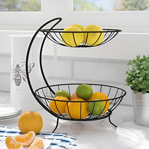 Image of Homeor 2-Tier Fruit & Vegetable Basket for Dining Table, Centre Table I Metal Fruit Bowl or Bread Basket Vegetables Storage Organizer Holder I Multi-Purpose Basket for Kitchen & Home, Black