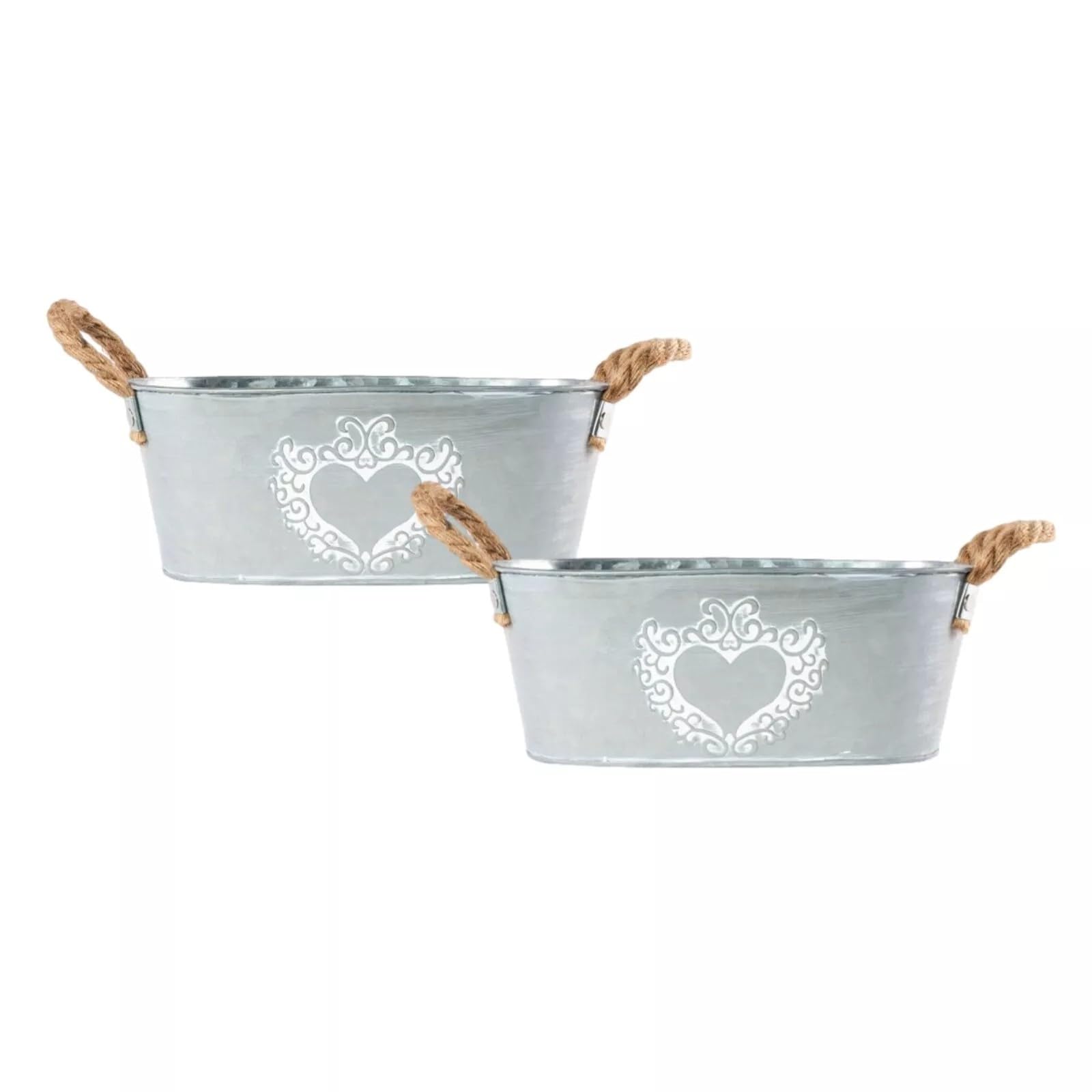Fyne-Finds Silver Zinc Tin Trough Oval Plant Pot, 12Inch Heart Print Planter With Rope Handles Indoor Outdoor Balcony Patio Weatherproof Pot (2) 30Cm