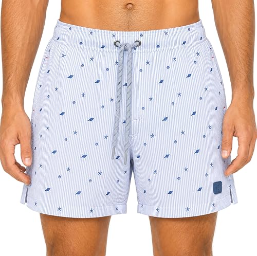 Bench Men’s Seersucker Swim Trunks for Men, Quick Dry Stretch Bathing Suit with Mesh Brief Lining, Elastic Drawstring Waist, Side Pockets & Back Pocket, Light Blue Beach Shorts-8B768-Seaside Stripes-S
