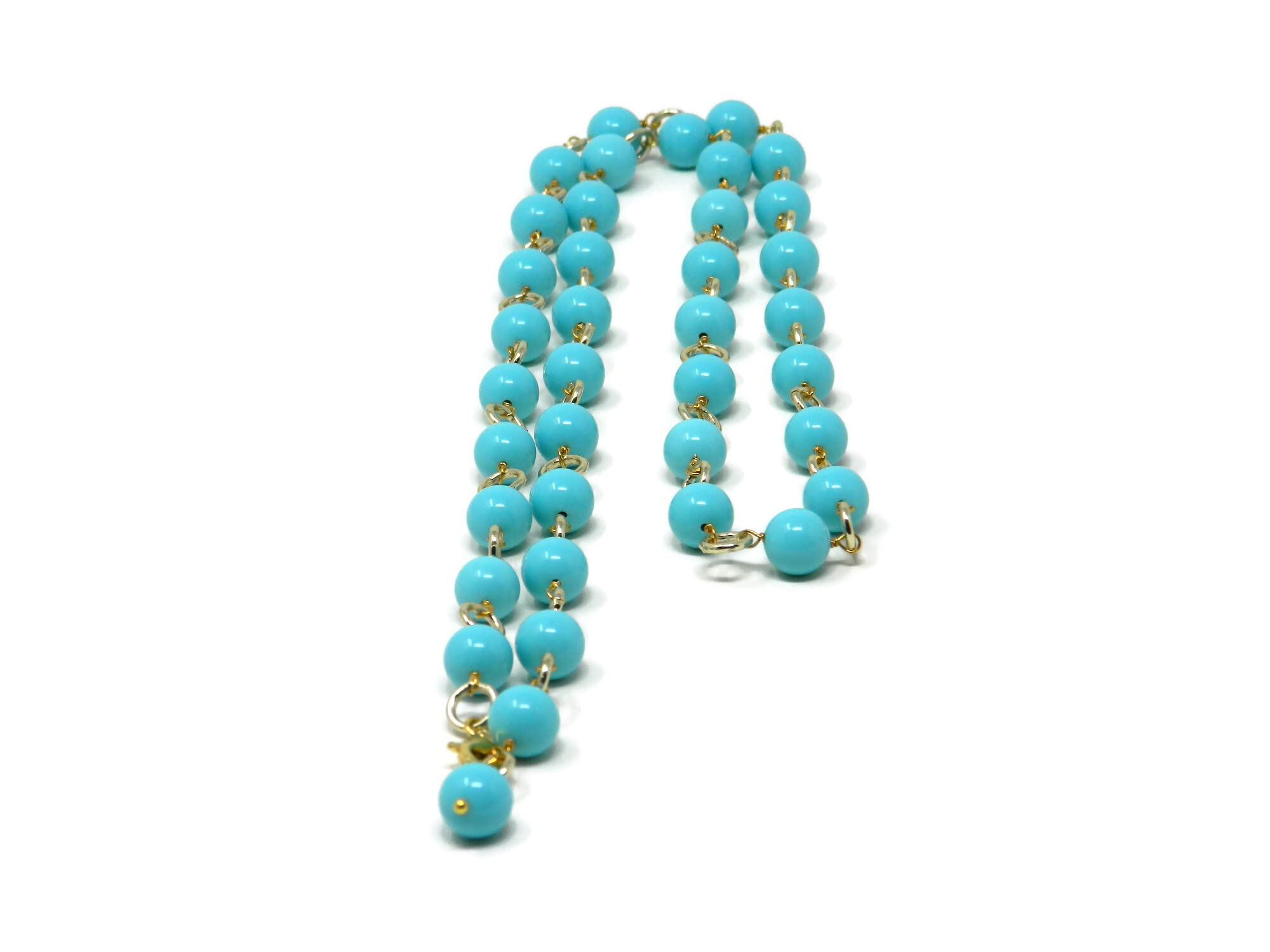 Collana Lunga Donna con Anellini Dorati e Palline in Pasta di Turchese – Handmade in Italia – Argento 925 – Nickel Free – 89 cm - DodiGioielli