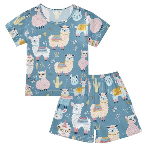 ALAZA Alpaca Llama Blue Cactus Pajamas Short Sleeve 2 Piece Sleepwear Top and Bottom Pajama Set Unisex