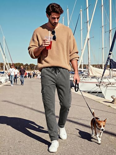 Image of JMIERR Men's Elastic Waist Cargo Jeans Stretch Denim Pants with Drawstring Relaxed Fit for Casual Daily Wear
