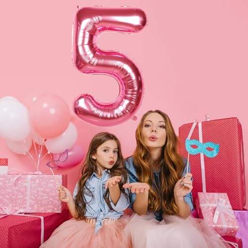 Image of 40 Inch Giant Hot Pink Number Balloon, Mylar Foil Helium Hot Pink Balloons for Birthday Party, Number 5 Balloon for Birthday Decorations, Hot Pink 5 Birthday Balloon