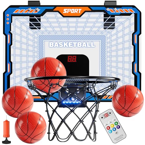 TEMI Remote Controller Indoor Basketball Hoop, 7 LED Light Door Basketball Hoop, Mini Hoop with...