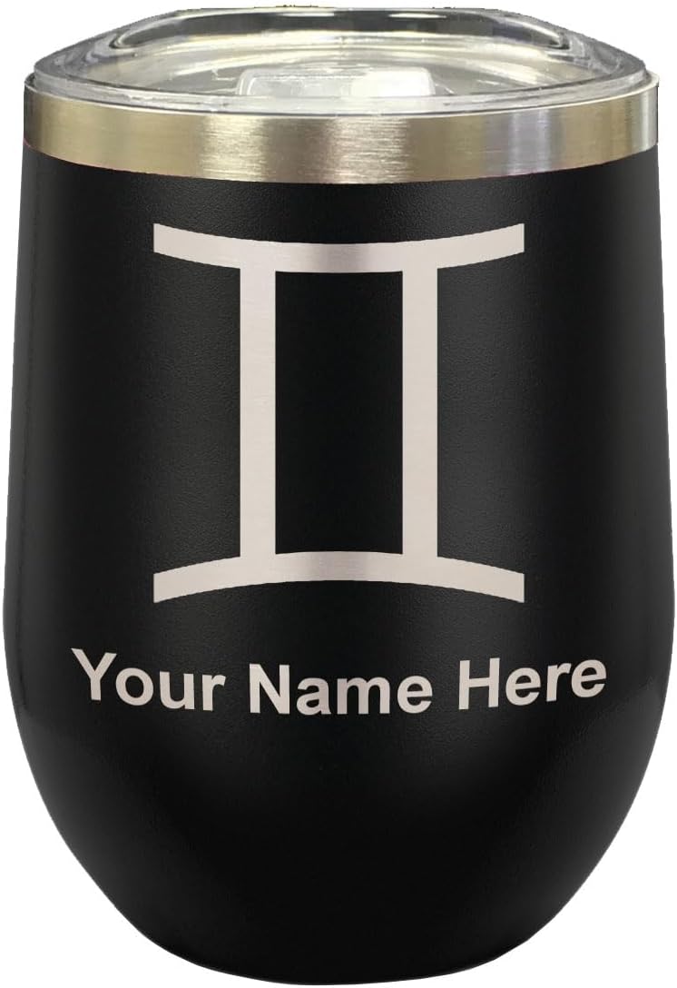 LaserGram 16oz Double Wall Stainless Steel Wine Glass Tumbler, Zodiac Sign Gemini, Personalized Engraving Included (Black)