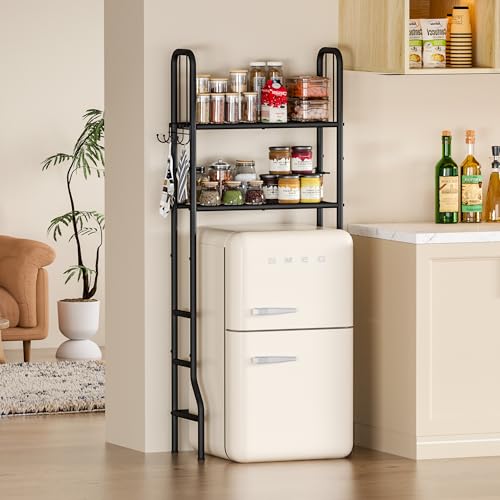 Jautokerdar Mini Fridge Stand with Storage 2-Tier Metal Over Mini Fridge Storage Shelf Coffee Bar Station Organizer Small Refrigerator Space Saver Kitchen Rack for DormBedroomOffice