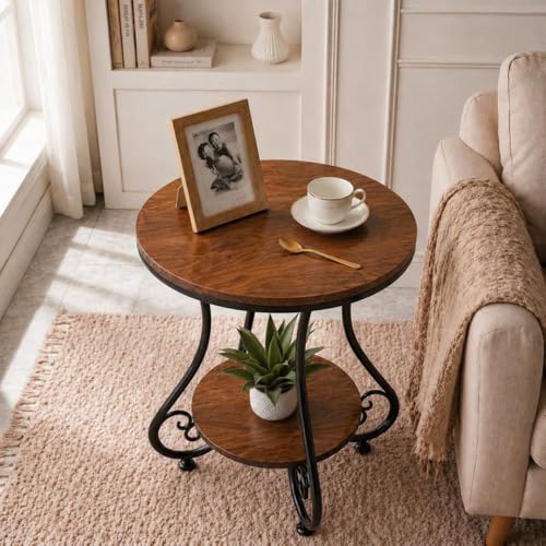 Image of CARTADEN 2 Tier End Table in Living Room, Industrial Style Round Bedside Table with Storage, Small Outdoor Coffee Table for Bedroom Balcony Patio Black Brown