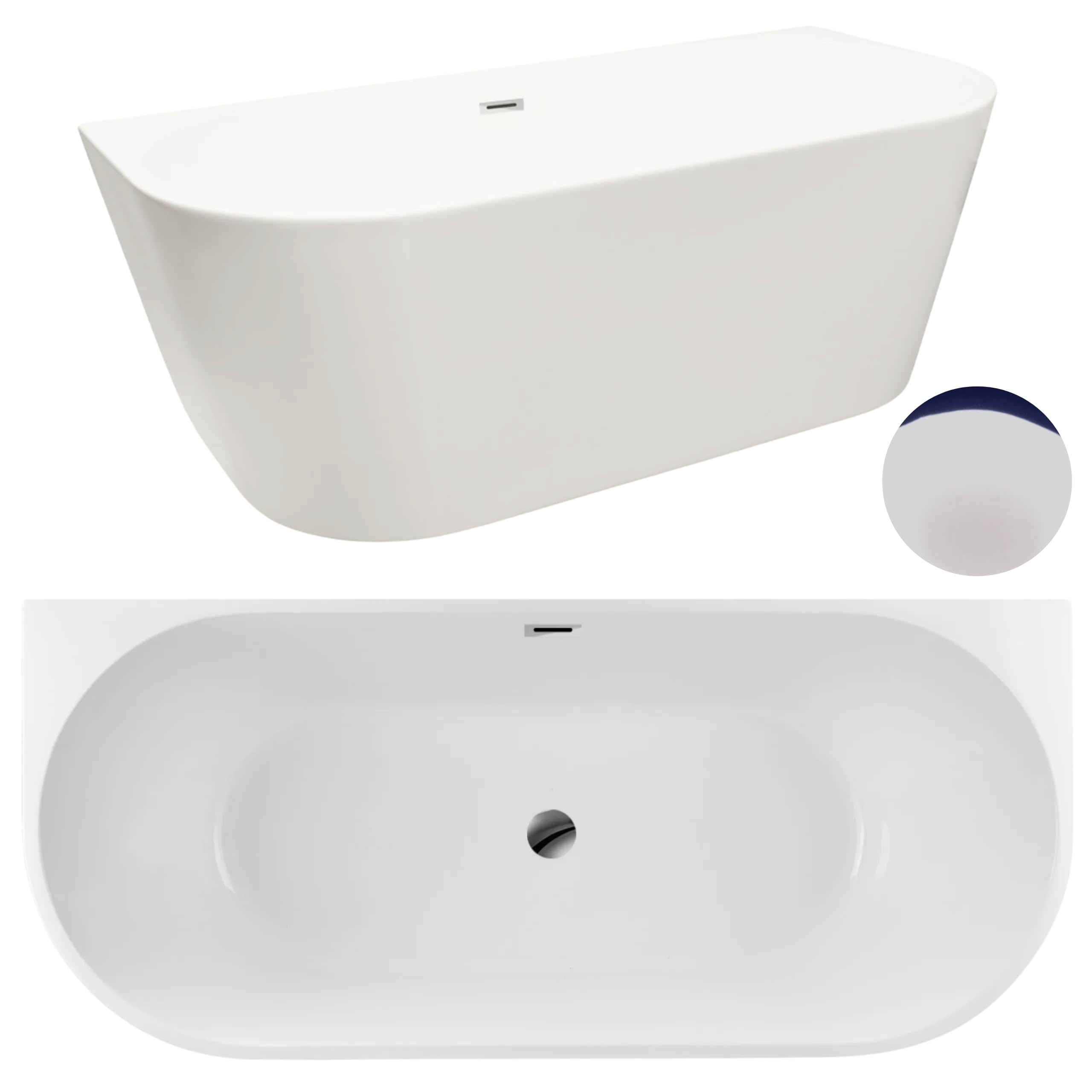 AQUAUNO Vasca da bagno indipendente 160 x 75 cm ovale in acrilico per montaggio a parete in acrilico sanitario di alta qualità, con scarico click, troppopieno, copertura, telaio in acciaio e scarico