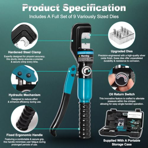 Brileine 10 Tons Hydraulic Crimping Tool with 9 Dies, 12 to 2/0 AWG - Image 3