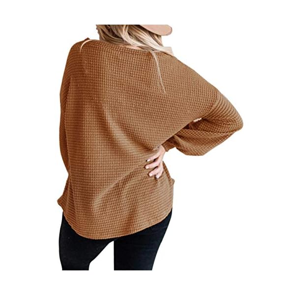 MEROKEETY-Womens-Long-Balloon-Sleeve-Waffle-Knit-Tops-Crew-Neck-Oversized-Sweater-Pullover MEROKEETY Women's 2023 Fall Long Balloon Sleeve Waffle Knit Tops Crew Neck Oversized Sweater Pullover, Brown, S